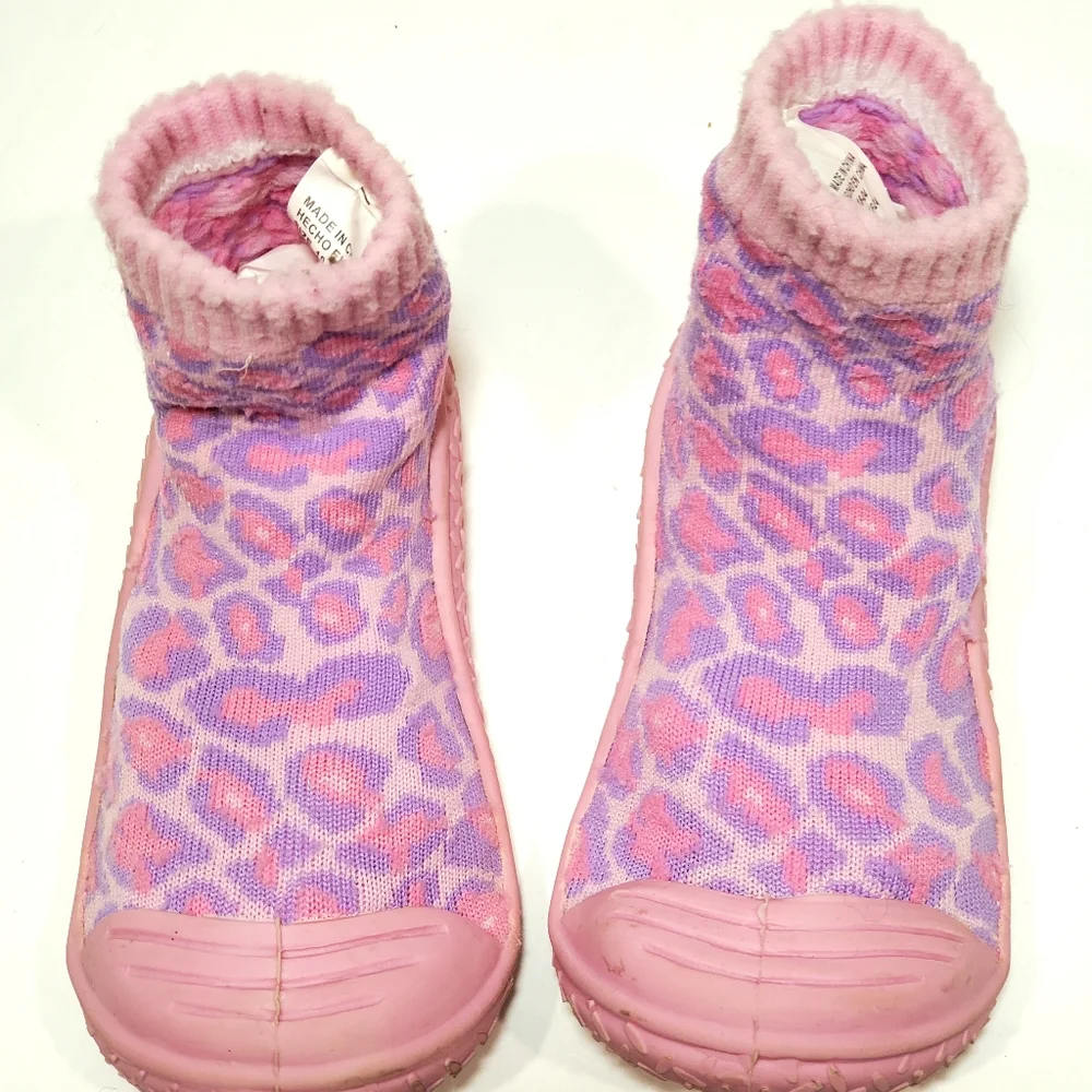 Lily & Dan Pink Purple Leopard Print Rubber Grip Slipper Socks Shoe Size 18-24M